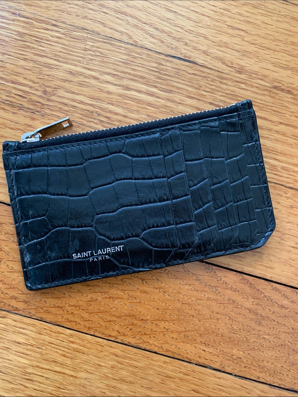 Saint Laurent Black Croc-Embossed Zip Card Wallet